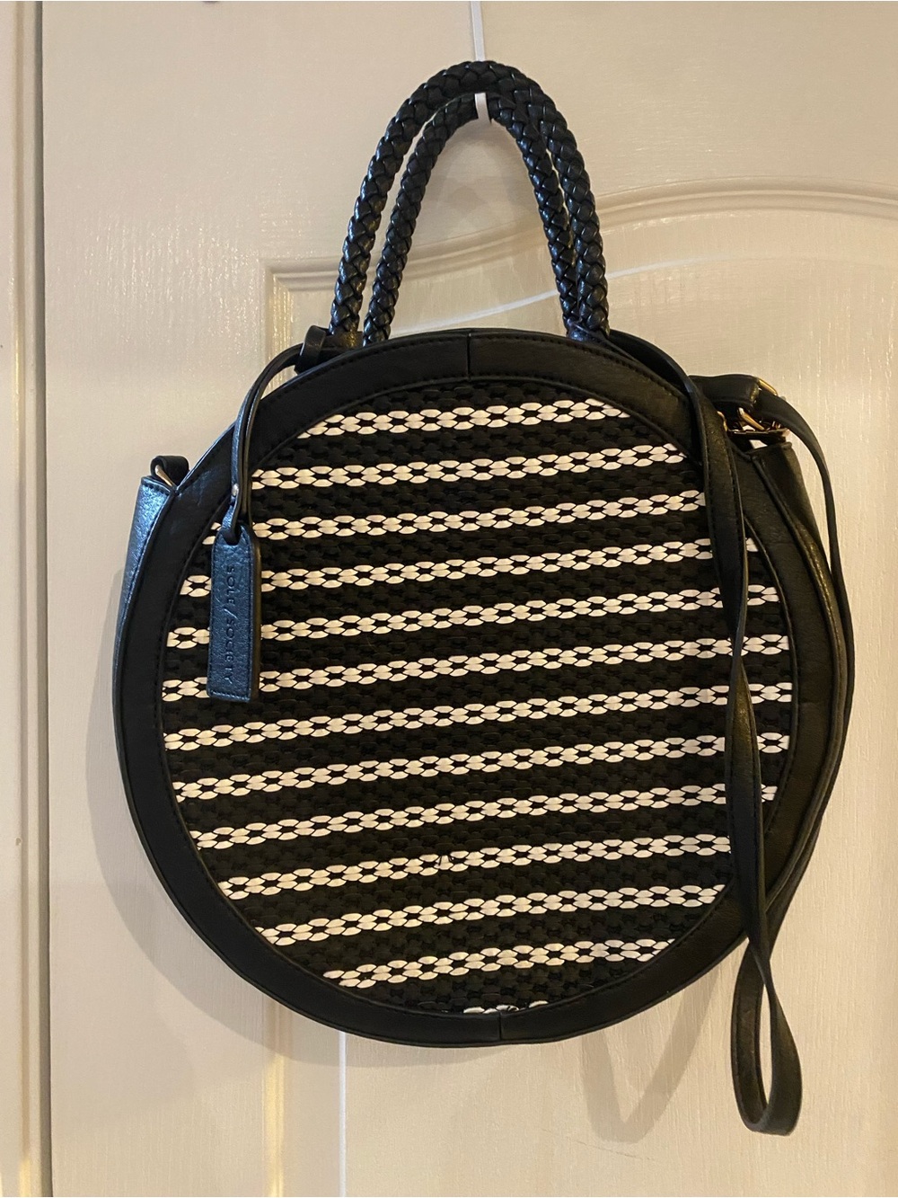 Sole Society Black and White Woven Round Mini Bag